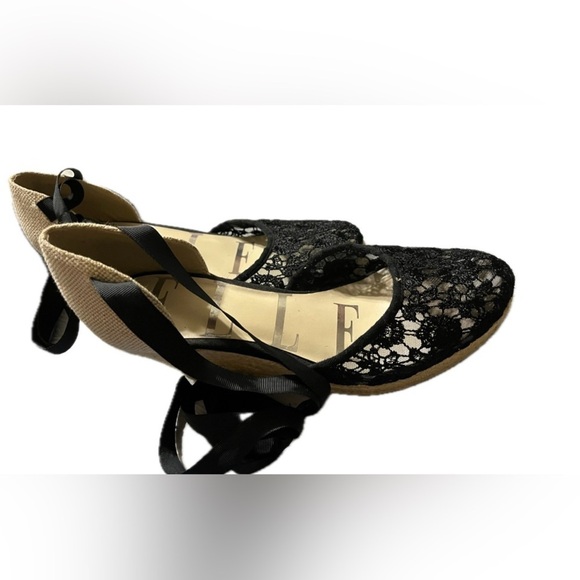 Elle Sz. 8 Ribbon Lace Up Ankle Blk Lace Closed Toe 3.5" Jute Wedge Heel - Picture 6 of 12